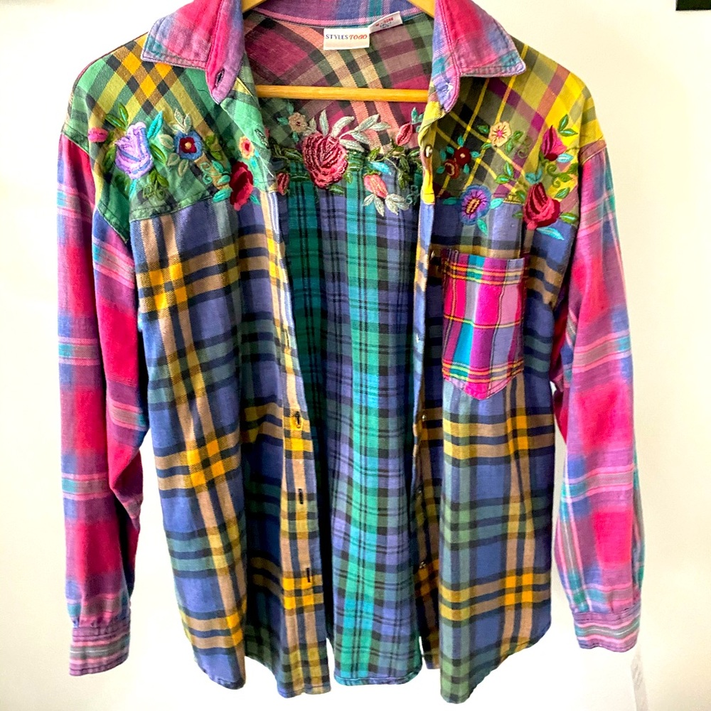 90s embroidered plaid button up top